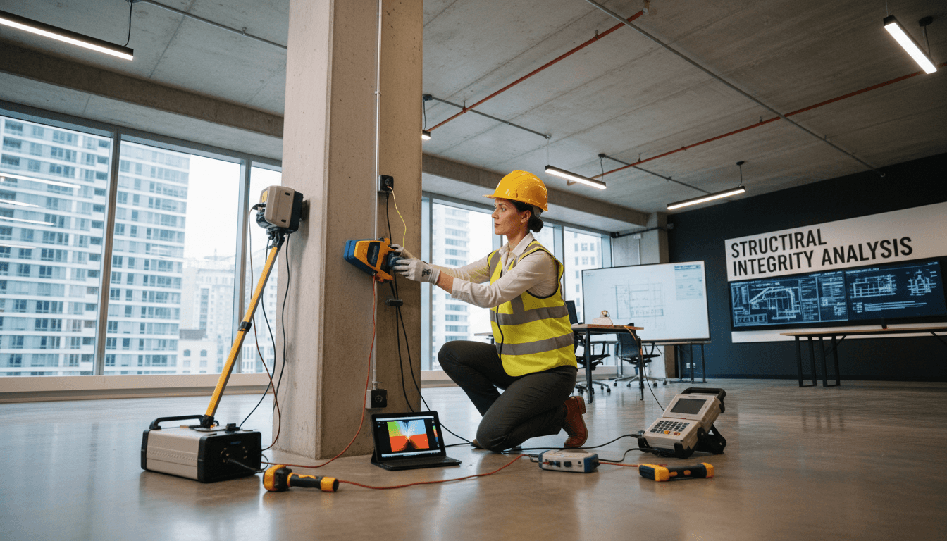 Ingeniero civil de MacsuteCA analizando datos de diagnóstico con tecnología avanzada en oficina profesional