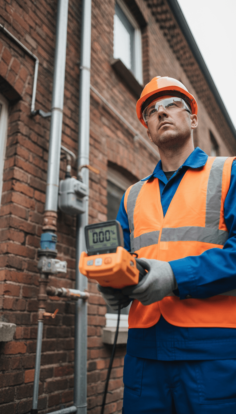 Gas safety inspector in high-visibility gear conducting compliance check on external gas supply line