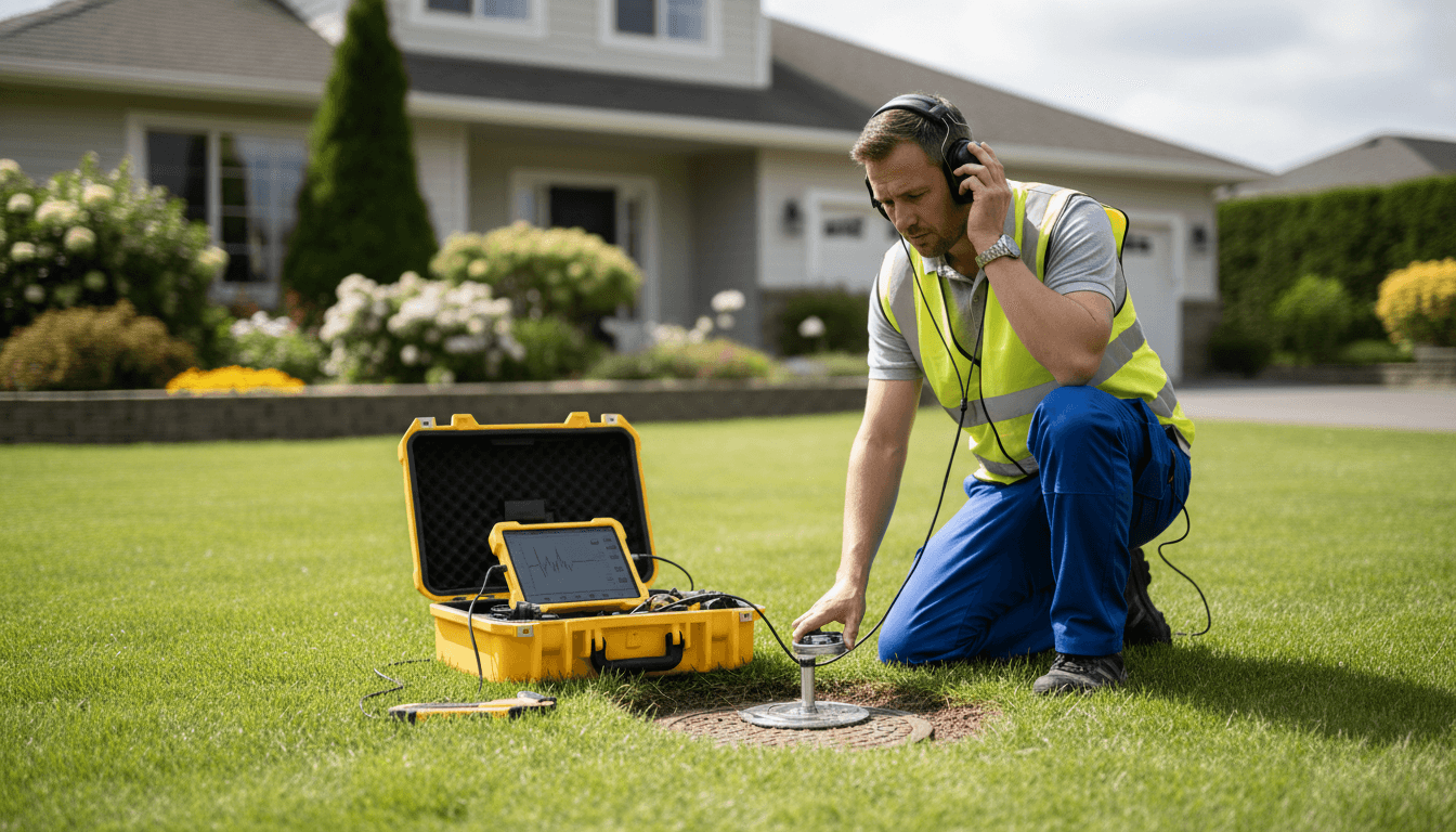 Professional technician using acoustic leak detection device to identify underground water line leaks in residential yard