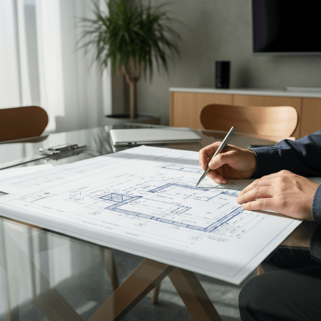 Ingeniero civil revisando planos técnicos en un proyecto de construcción profesional