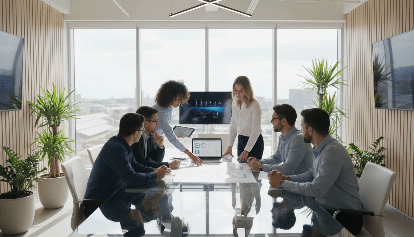 Diverse solar company team collaborating in bright modern office conference room with laptops and project documentation