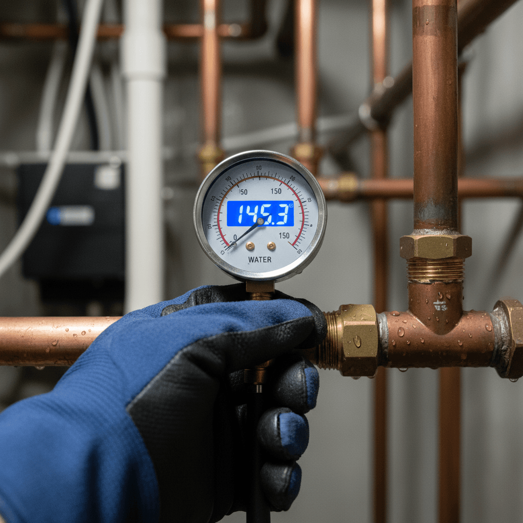 Plumber's hand holding water pressure gauge against copper pipe with visible moisture