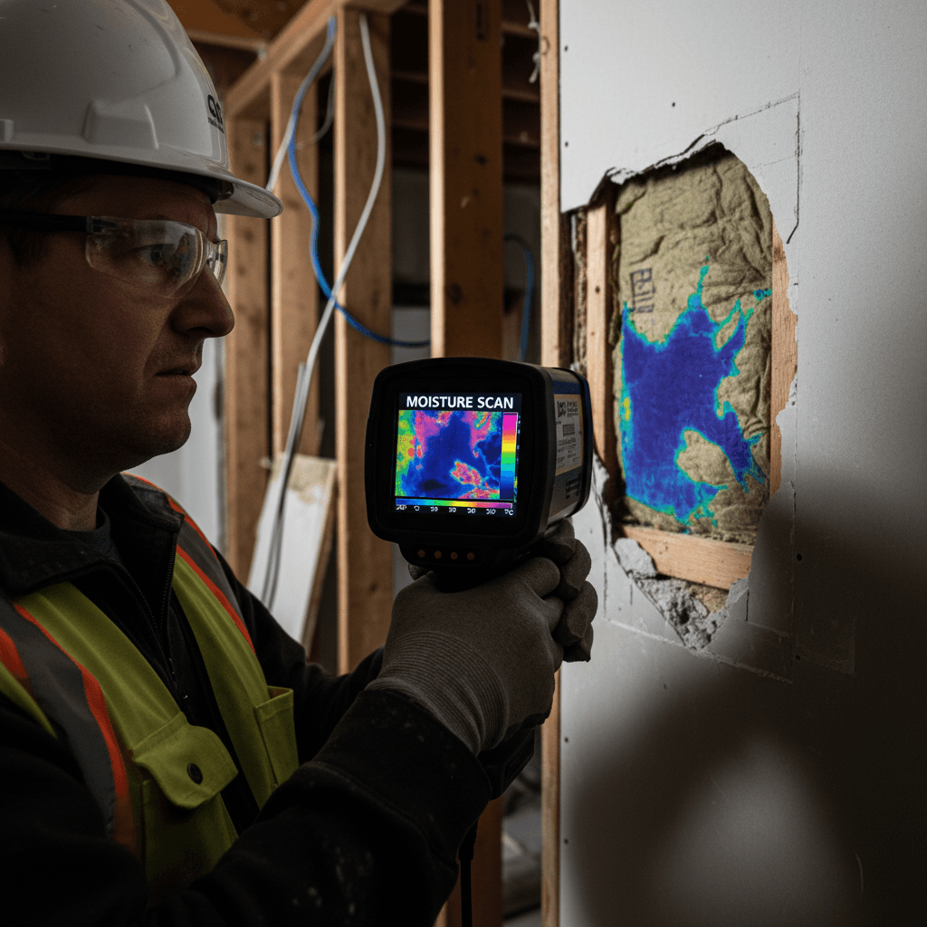 Technician using thermal imaging camera to detect hidden moisture damage behind drywall walls
