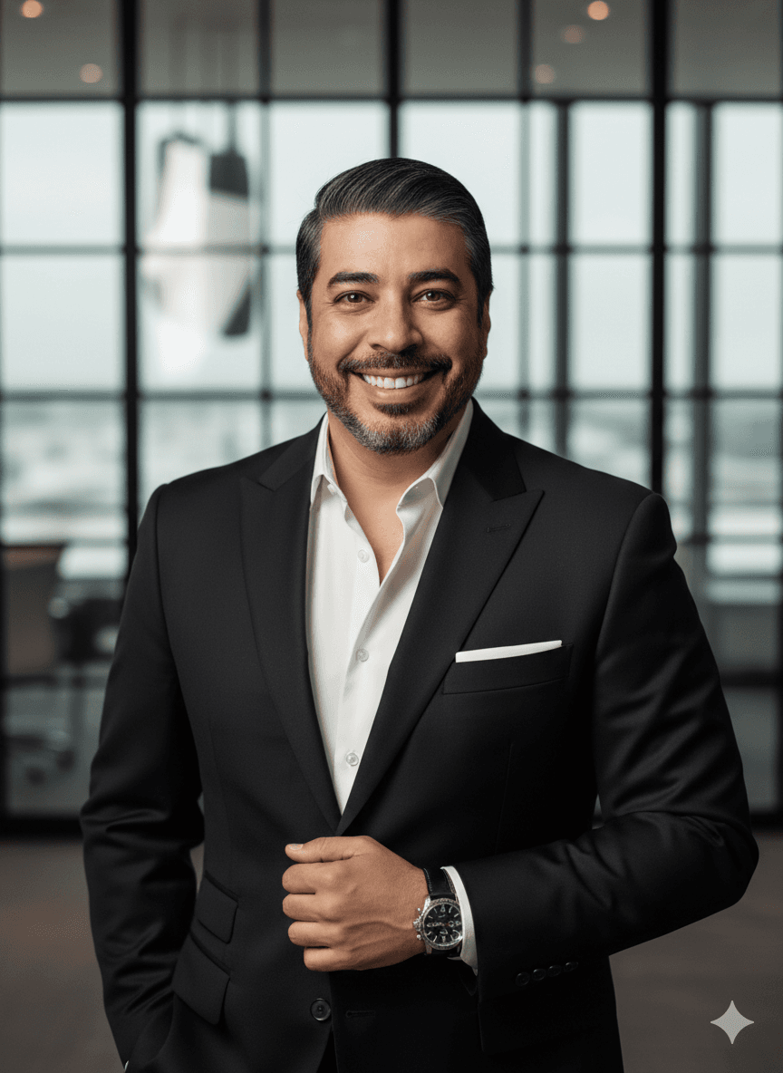 Hombre sonriente con traje negro y camisa blanca en una oficina moderna con ventanales.