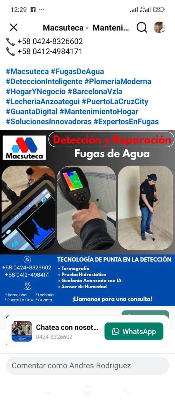 Anuncio de Macsuteca sobre detección de fugas de agua con termografía y tecnología avanzada.