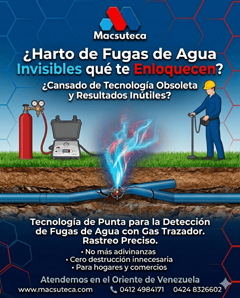 Anuncio de Macsuteca sobre detección de fugas de agua subterráneas con tecnología de gas trazador.