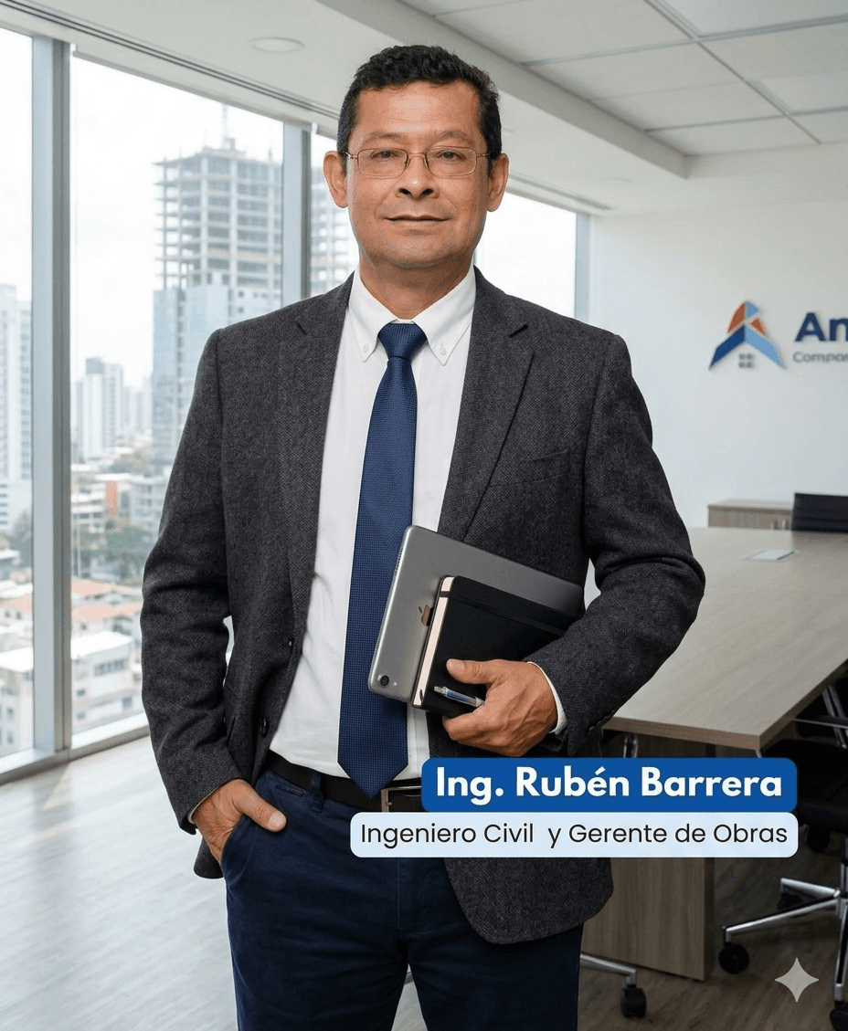 Ingeniero civil Rubén Barrera con saco, corbata y tableta en una oficina con vista urbana.